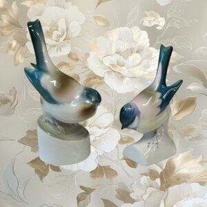 Vintage Zsolnay Hungary Pecs Green White Brown Finches Bird Porcelain Figurines